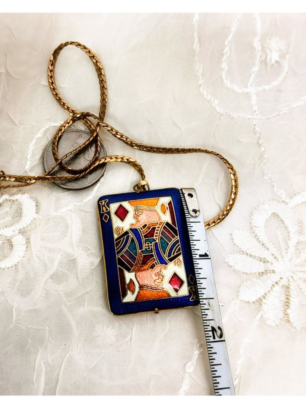 Cloisonne King Of Diamonds puffy Enamel playing card Pendant Necklace Chain - Picture 5 of 7